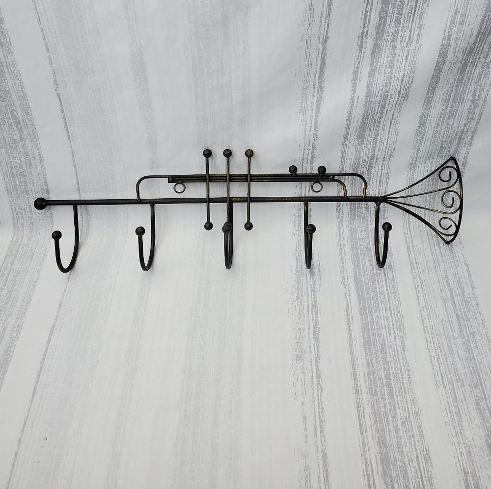 DecorativeIron Trumpet Shape Wall Hook Black w/hints of gold. 21" long